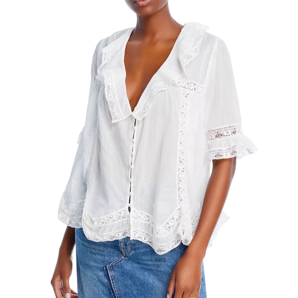 Free People Isn't She Lovely Lace Crochet Inset Ruffled Tunic Ivory Size S